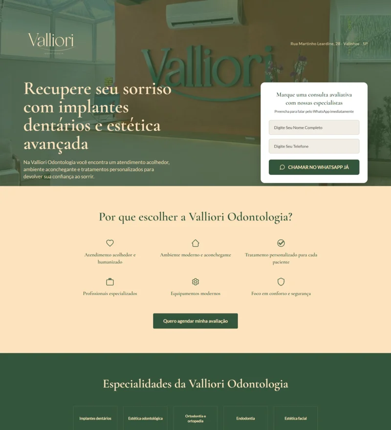 Captura original da landing page Valliori Odontologia